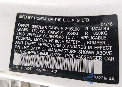 2018 Honda Civic Ex z USA, uszkodzony, nr VIN SHHFK7H54JU215931